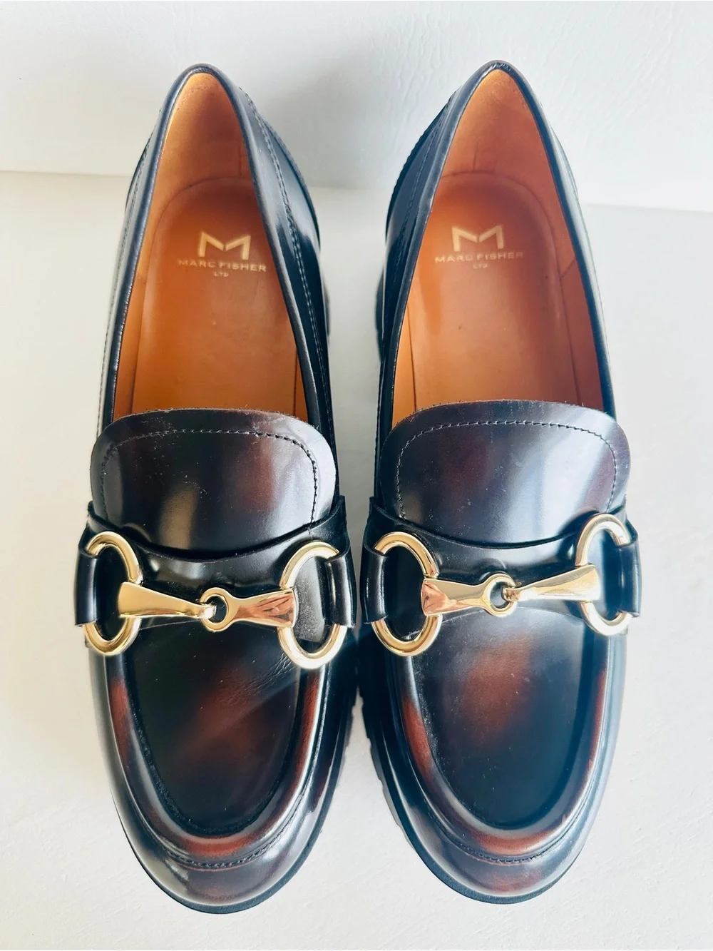 MARC FISHER Brn/Blk With Gold Horsebit Hardware Platform Loafer